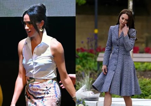 Perbedaan gaya busana Kate Middleton dengan Meghan Markle. (Dok: Kola Sulaimon / AFP)