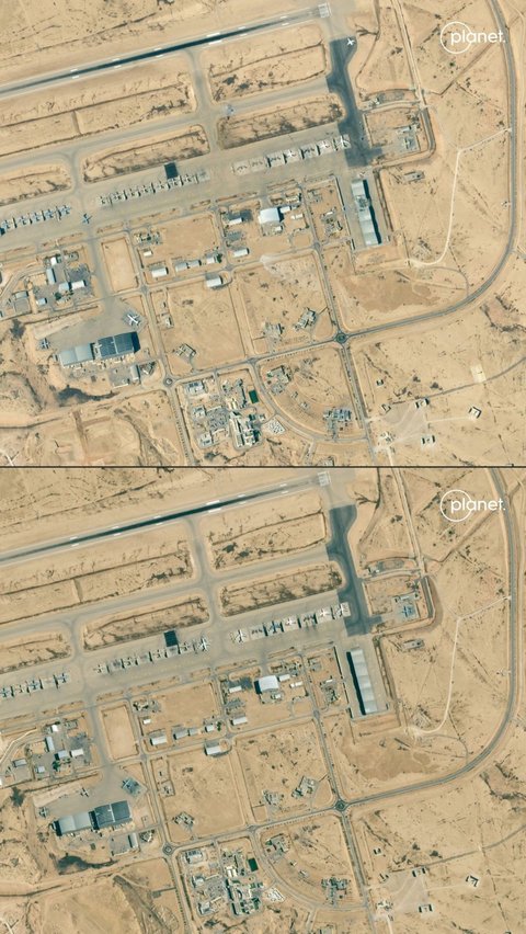 Sementara, surat kabar Maariv melaporkan pada Kamis (3/10) bahwa hanggar pesawat di pangkalan Nevatim dihantam keras oleh rudal balistik Iran selama operasi 'Janji Setia 2'. Foto: Planet Labs PBC/AFP<br>