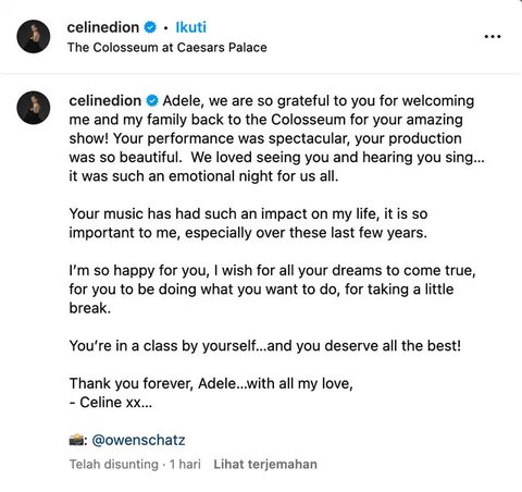 Salah satu momen viral pekan ini, saat Adele mendapati Celine Dion menonton konsernya. Adele lantas menghadiri dan memeluk sang diva sambil menangis. (Foto: Dok. Instagram @celinedion)