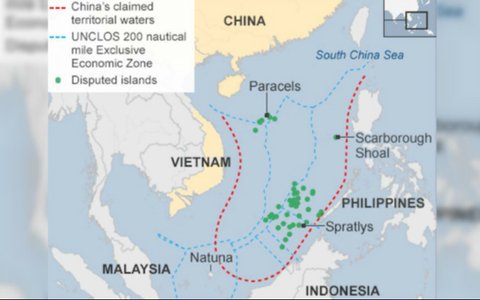Garis demarkasi semu the nine dash line di Laut China Selatan (sumber: CIA / UNCLOS)