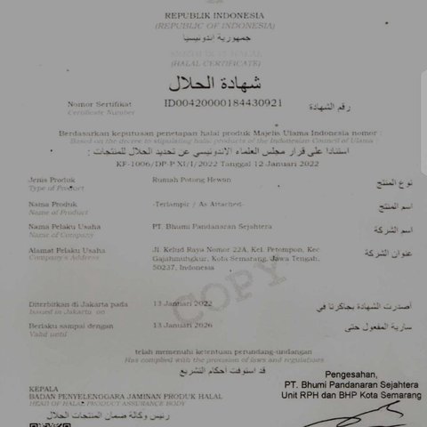 Sertifikat halal RPH Semarang
