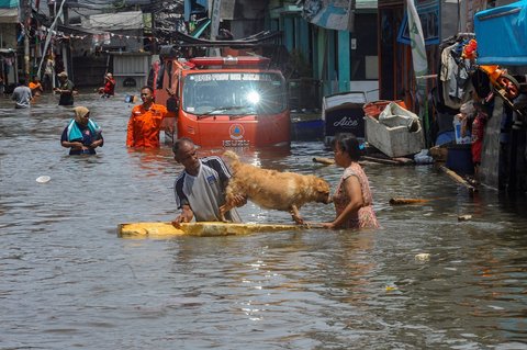 FOTO: Penampakan Banjir Rob Rendam Pesisir Utara Jakarta, Warga Dievakuasi Naik Buldoser