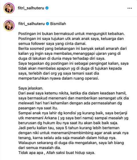 Akhirnya Fitri Salhuteru menyampaikan pernyataan sikap sekaligus klarifikasi atas tudingan jadi biang keladi dalam masalah hidup Nikita Mirzani selama ini. (Foto: Dok. Instagram @fitri_sal