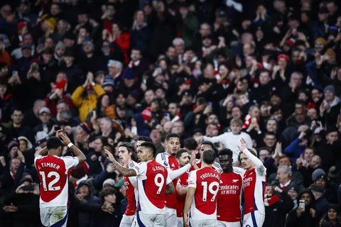 Perayaan gol Arsenal saat mencukur Nottingham Forest di Liga Inggris 2024/2025 (AFP)