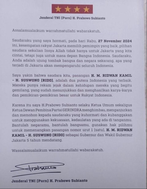 Beredar Surat Prabowo Ajak Warga Jakarta Pilih Ridwan Kamil-Suswono di Masa Tenang, Gerindra Buka Suara