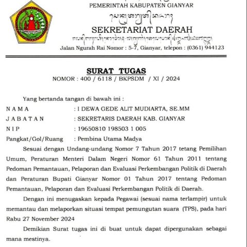 Beredar Surat Edaran Sekda Gianyar Minta PNS Pantau TPS, Ini kata Pj Gubernur