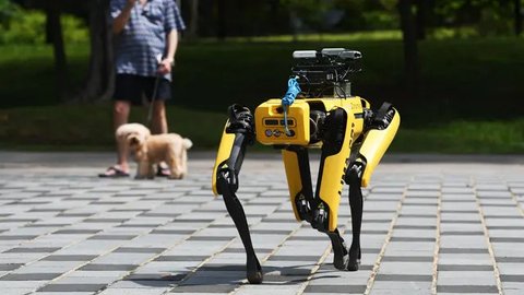 SPOT, robot anjing yang dapat mendeteksi apakah pengunjung memakai masker atau tidak menjalani uji coba putaran keduanya di Bishan Park Singapura, 22 September 2020. Uji coba ini bagian dari