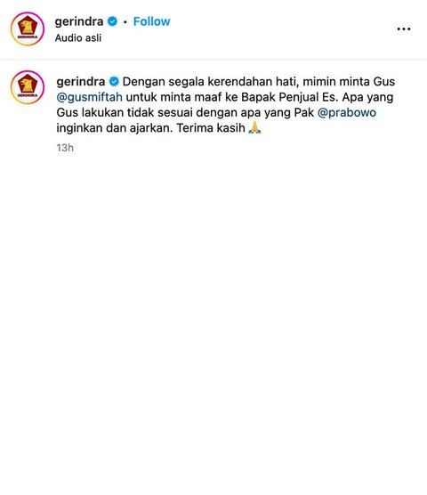 Beberapa jam setelah video Gus Miftah mem-bully penjual es teh viral, Gerindra mengunggah video pidato Prabowo Subianto respek kepada para pedagang. (Foto: Dok. Instagram @gerindra)