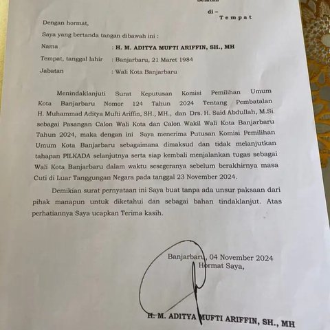 Aditya Legowo Didiskualifikasi dari Pilkada Kota Banjarbaru