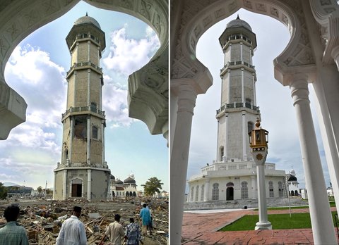 Foto kombinasi yang dibuat pada 5 Desember 2024 ini menunjukkan orang-orang berjalan di antara puing-puing yang berserakan di sekitar Masjid Raya Baiturrahman, Banda Aceh, setelah tsunami Aceh, pada 28 Desember 2004 (kiri) dan pemandangan terbaru di lokasi yang sama pada 27 November 2024.