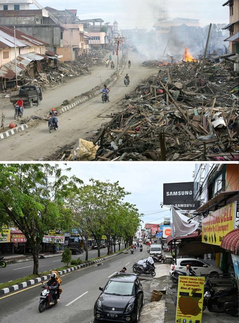 Foto kombinasi yang dibuat pada 29 November 2024 ini menunjukkan pengendara melewati puing-puing yang tertinggal di Kota Meulaboh, setelah tusnami Aceh, pada 9 Januari 2005 (atas) dan jalan yang sama pada 17 November 2024.