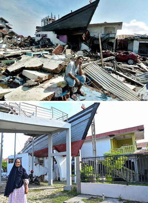 Foto kombinasi yang dibuat pada 29 November 2024, menunjukkan seorang pria duduk di depan perahu yang tersangkut pada atap sebuah rumah setelah tersapu tsunami di Banda Aceh, Aceh, pada 15 Januari 2005 (atas) dan penyintas tsunami Wak Kolak berdiri di depan perahu yang sama pada 25 November 2024.