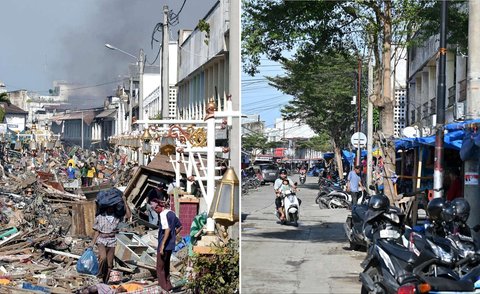 Foto kombinasi yang dibuat pada 3 Desember 2024 ini menunjukkan orang-orang menyelamatkan barang-barang di tengah reruntuhan bangunan di sepanjang jalan di Banda Aceh, setelah tsunami Aceh, pada 29 Desember 2004 (kiri) dan pemandangan di jalan yang sama pada 25 November 2024.