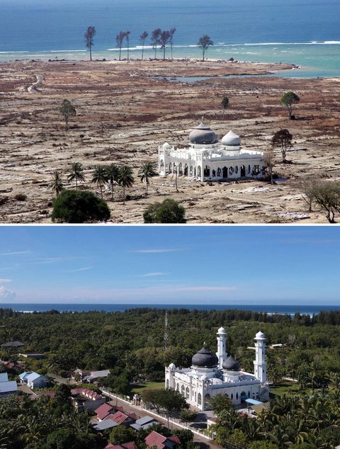 Foto kombinasi yang dibuat pada 29 November 2024 ini menunjukkan pemandangan udara Masjid Rahmatullah yang tetap berdiri kokoh setelah dihantam tsunami di Lhoknga, Aceh, pada 14 Januari 2005 (atas) dan masjid yang sama pada 27 November 2024.