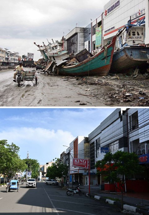 Foto kombinasi yang dibuat pada 29 November 2024 ini menunjukkan seorang pengendara melihat perahu di sebuah jalan di Banda Aceh, setelah tsunami Aceh, pada 8 Januari 2005 (atas) dan jalan yang sama pada 25 November 2024.