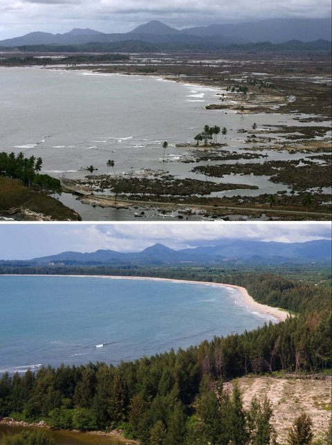 Foto kombinasi yang dibuat pada 29 November 2024 ini menunjukkan pandangan udara dari suatu wilayah di Sampoiniet, Aceh Jaya, yang terdampak tsunami Aceh, pada 6 Januari 2005 (atas) dan wilayah yang sama pada 16 November 2024.
