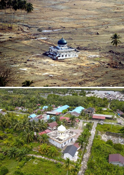 Foto kombinasi yang dibuat pada 30 November 2024 ini menunjukkan pandangan udara sebuah masjid di Kuala Bubon, pinggiran Meulaboh, setelah tsunami Aceh, pada 19 Januari 2005 (atas) dan masjid yang sama pada 17 November 2024.