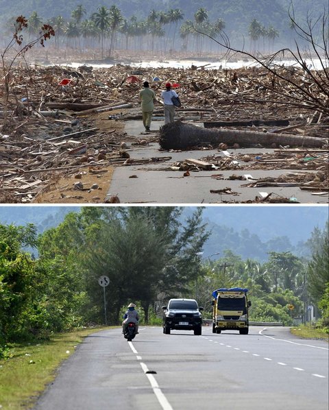 Foto kombinasi yang dibuat pada 30 November 2024 ini menunjukkan para penyintas berjalan di sepanjang jalan yang dipenuhi puing-puing di kota pantai barat Leupung, pinggiran Lhoknga, setelah tsunami Aceh, pada 9 Januari 2005 (atas) dan lokasi yang sama pada 15 November 2024.