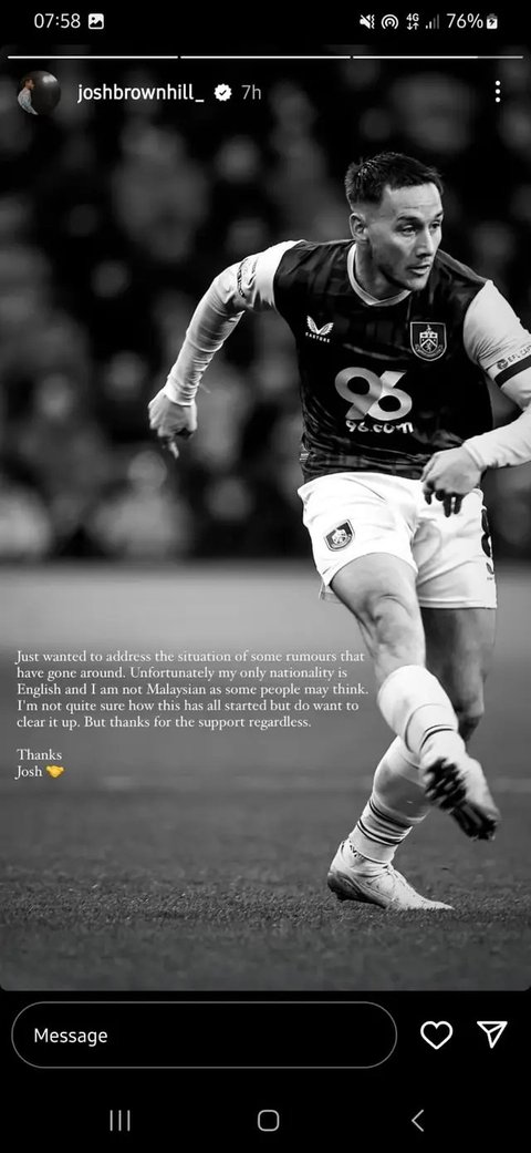 Kapten Burnley, Josh Brownhill masuk dalam rencana naturalisasi Timnas Malaysia. (Bola.com/Dok.Instagram Josh Brownhill).