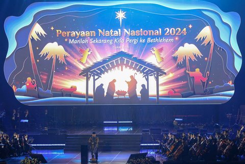 Presiden Republik Indonesia, Prabowo Subianto berpidato saat menghadiri acara Perayaan Natal Nasional 2024 di Indonesia Arena, Kompleks Gelora Bung Karno (GBK), Jakarta, Sabtu (28/12/2024).