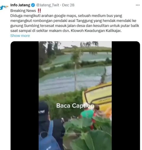 Viral Bus Rombongan Pendaki ke Gunung Sumbing Nyasar di Kuburan, Diduga karena Ikuti Google Maps.  foto: Twitter (X) @Jateng_Twit
