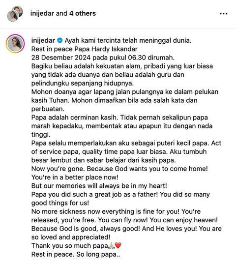 Ayah Jessica Iskandar, yakni Hardy Iskandar meninggal dunia pada 28 Desember 2024. Jenazah almarhum akan dikremasi pada 1 Januari 2025. (Foto: Dok. Instagram @inijedar)