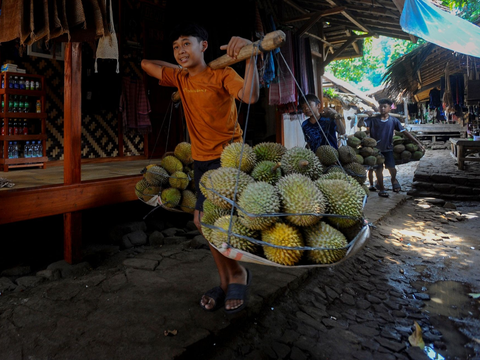 FOTO: Potret Kesederhanaan Bocah Suku Baduy Selalu Ceria Bantu Orang Tua Jualan Durian Pikul Keliling di Lebak