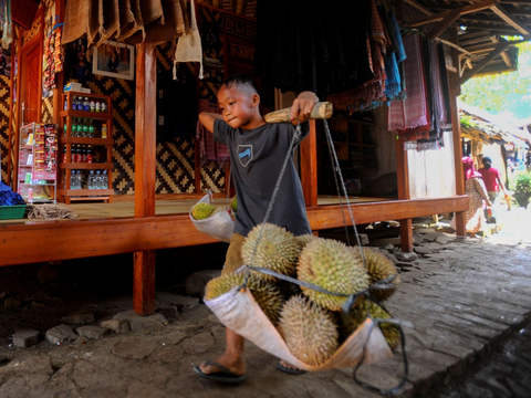 FOTO: Potret Kesederhanaan Bocah Suku Baduy Selalu Ceria Bantu Orang Tua Jualan Durian Pikul Keliling di Lebak