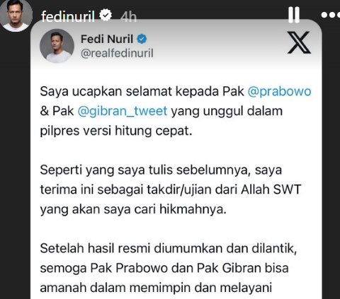 Once Expressing Dislike Towards Prabowo-Gibran, Fedi Nuril Posts Unexpected Greetings
