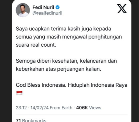 Once Expressing Dislike Towards Prabowo-Gibran, Fedi Nuril Posts Unexpected Greetings