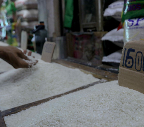 Pedagang beras melayani pembeli di Pasar Cibubur, Jakarta, Senin (19/2/2024). Pedagang beras di sejumlah pasar tradisional mengatakan harga beras di pasaran mengalami kenaikan. Foto: Liputan6.com / Herman Zakharia.