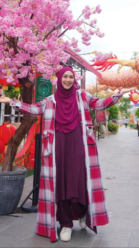 Look 3: Red Maroon Dress with Hijab and Checkered Motif Outer