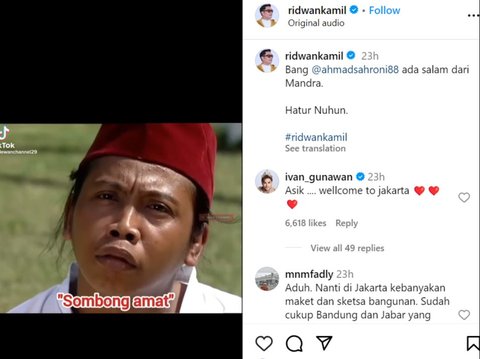 Considered Trivial by Ahmad Sahroni during 'OTW Jakarta', Ridwan Kamil Responds with Video Mandra: Very Arrogant!