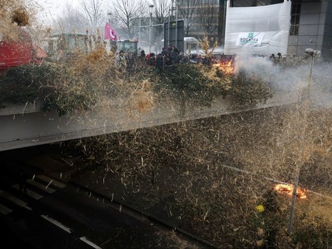 FOTO: Demo Petani Eropa Ricuh, Aksi Bakar Ban hingga Sebar Jerami ke Jalanan Bikin Kota Brussel Mencekam