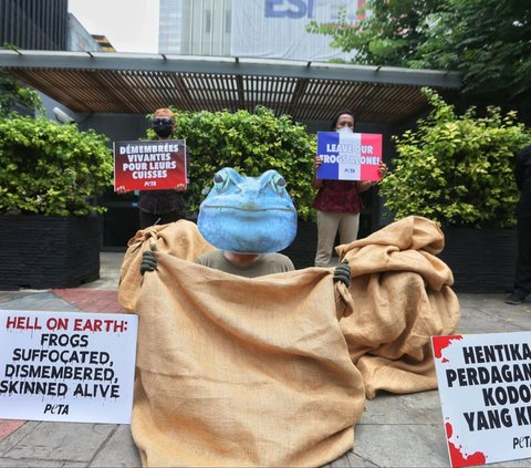 Aktivis People for the Ethical Treatment of Animals (PETA) menggelar aksi protes di depan  Kedutaan Besar Prancis, Jakarta, Selasa (27/2/2024). Dalam aksinya, mereka mendesak pemerintah Prancis untuk menghentikan impor daging kodok untuk konsumsi. Liputan6.com/Angga Yuniar 