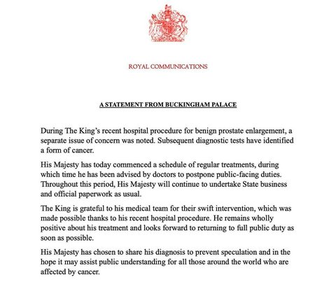 The Kingdom of England Announces King Charles Has Cancer, Currently Undergoing Treatment