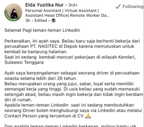 Bukan untuk Diri Sendiri, Wanita Ini Unggah CV Sang Ayah untuk Cari Kerja Jadi Sopir di LinkedIn