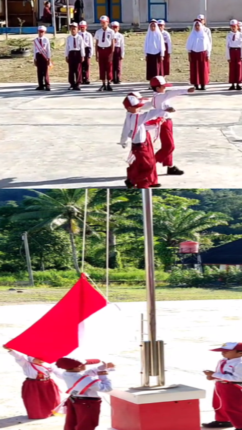 Sukses Kibarkan Bendera Merah Putih saat Upacara Berlangsung, Aksi Bocah SD Ini Banjir Pujian