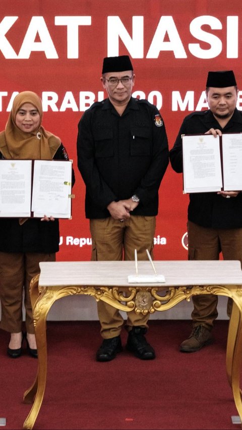 Ketua KPU Hasyim Asyari di KPU RI menyampaikan, Prabowo-Gibran mendapatkan suara terbanyak dalam Pilpres 2024. Yasuyoshi Chiba/AFP<br>