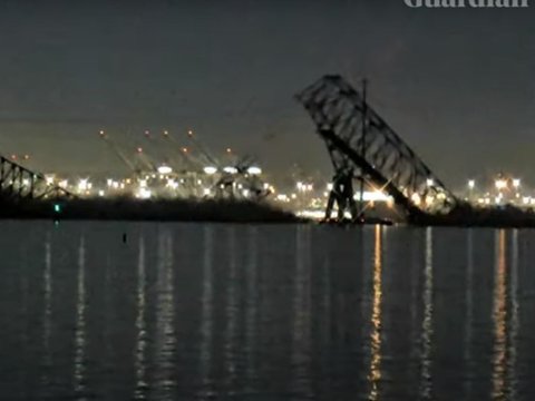 Moment Bridge Francis Scott Key in Baltimore Collapses Hit by Cargo Ship, Vehicles Fall into River