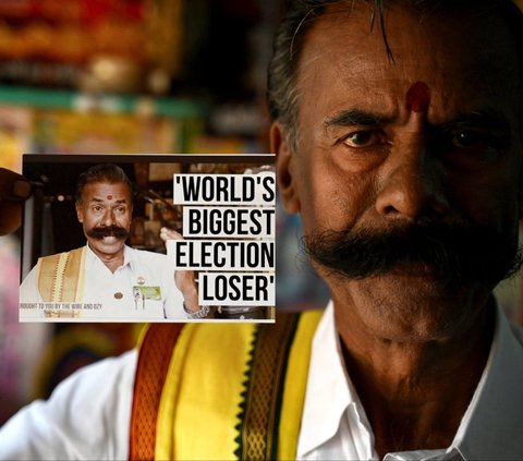 K. Padmarajan, seorang tukang bengkel dari Salem, Negara Bagian Tamil Nadu, India, telah mengikuti 238 kali ikut pemilu dan selalu kalah. Seolah tak mengenal kata menyerah, Padmarajan siap untuk maju lagi di pemilu selanjutnya. Foto: Idrees Mohammed/AFP<br>