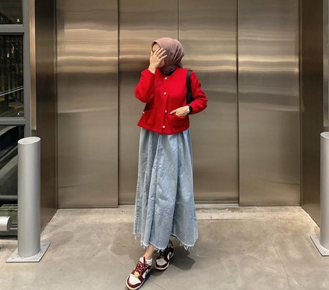 Combine a Red Blazer and Jeans Skirt, Instant Stunning Look