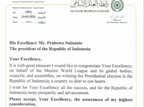 Sekjen Liga Muslim Dunia Kirim Surat ke Prabowo Ucapkan Selamat, Begini Detilnya