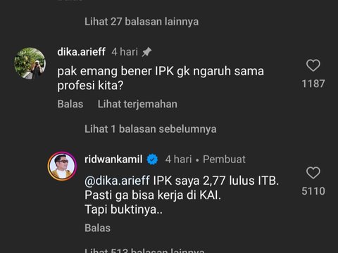 Responding to the question of the influence of GPA on profession, Ridwan Kamil: 