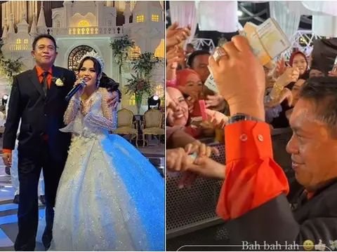 Foto-Foto Haji Alwi Ruslan Bagi-Bagi Duit Segepok di Pernikahan Putri Isnari untuk Tamu Undangan