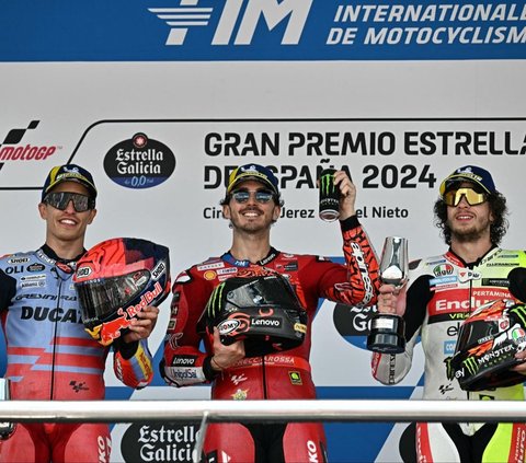 FOTO: Pesta Podium Pecco, Marquez dan Bezzecchi Rayakan Kemenangan Usai Tampil Sengit di MotoGP Spanyol 2024