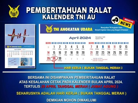 Salah Cetak, Kalender TNI AU Ralat Tanggal 29 April Tanggal Merah Seharusnya Hari Kerja