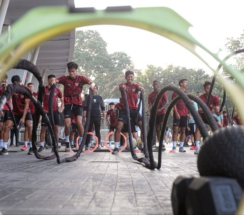 Latihan fisik ini dilakukan sebagai pemusatan untuk memantapkan fisik para pemain Timnas Indonesia U-20 untuk berlaga di tiga laga internasional. Foto: Bola.com / Bagaskara Lazuardi<br>