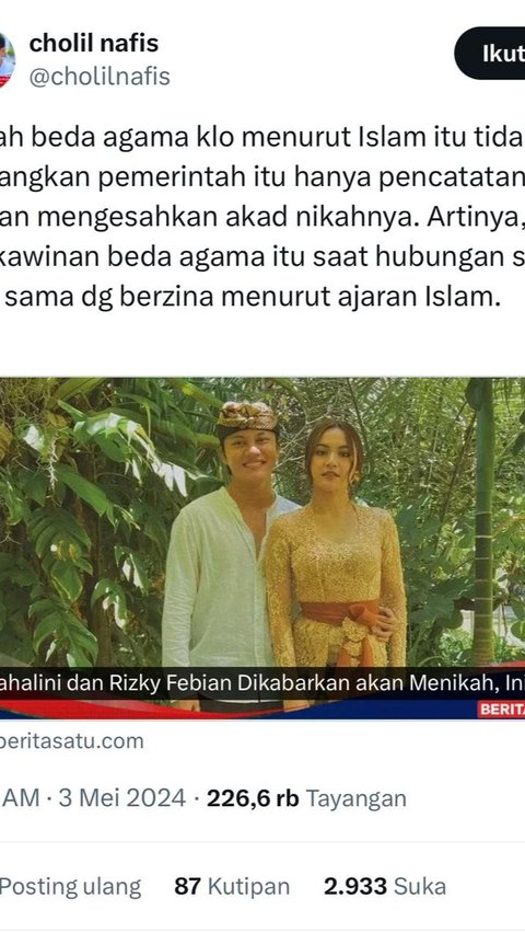 Response from the Chairman of MUI regarding the News of Rizky Febian and Mahalini's Marriage that Causes a Stir