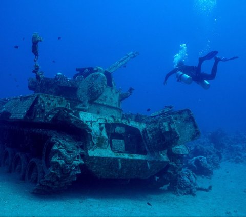 Penyelam berenang di samping sebuah tank yang tenggelam di Museum Militer Bawah Air di Aqaba, Yordania, pada 7 Mei 2024. Diresmikan pada 2019, museum ini dibuat dengan harapan sederet kendaraan tempur di bawah air itu dapat membantu pelestarian ekosistem laut dan mendorong lebih banyak wisatawan. REUTERS/Stelios Misinas
